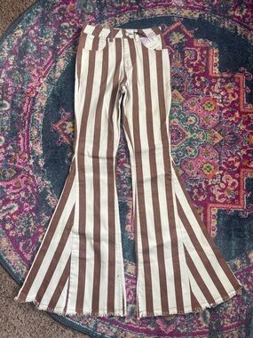 Striped Brown & White Flare Pants - Women